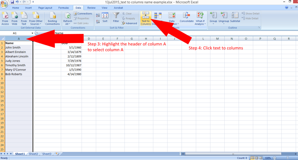 excel text to columns separate first and last names