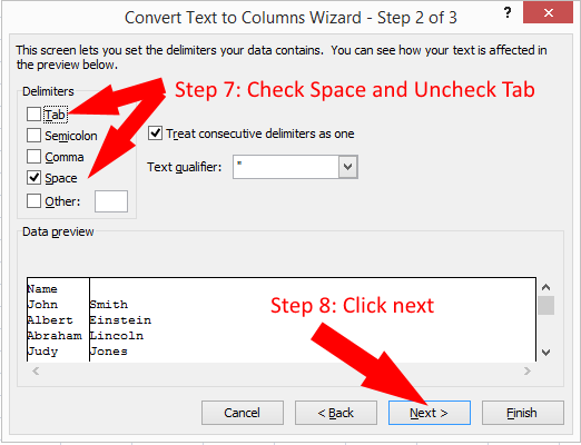 excel text to columns separate first and last names