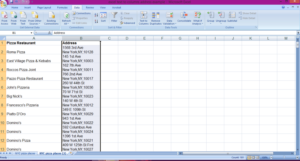 A tutorial showing how to use Microsoft Excel's text to column functions to split an address into separate columns.