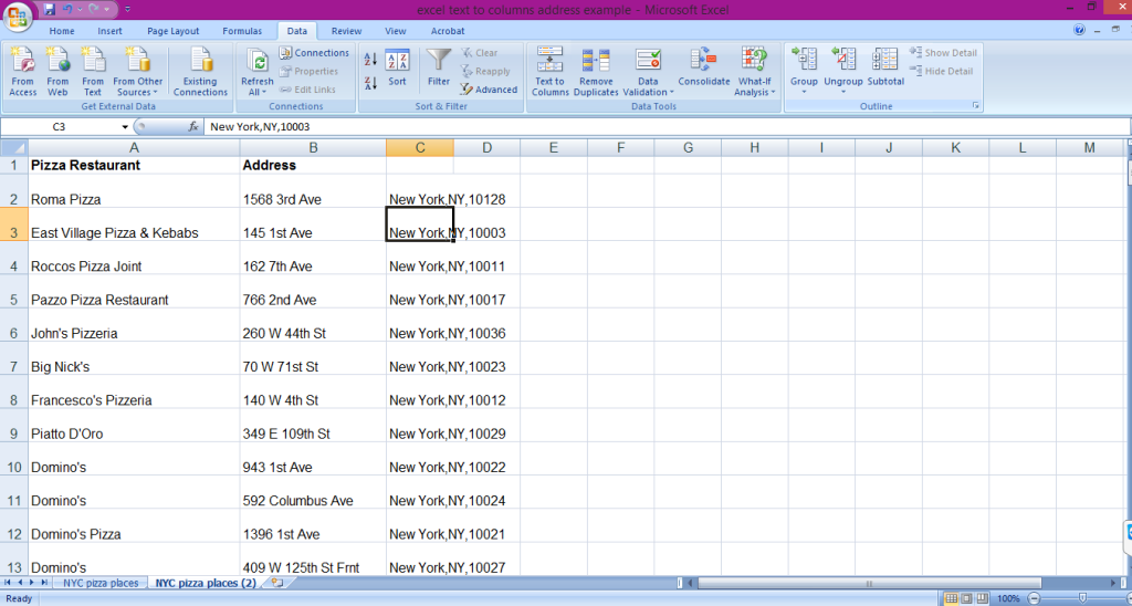 A tutorial showing how to use Microsoft Excel's text to column functions to split an address into separate columns.