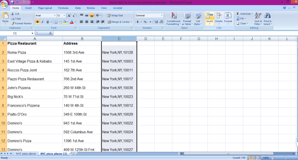 A tutorial showing how to use Microsoft Excel's text to column functions to split an address into separate columns.