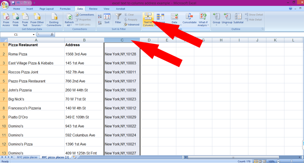 A tutorial showing how to use Microsoft Excel's text to column functions to split an address into separate columns.