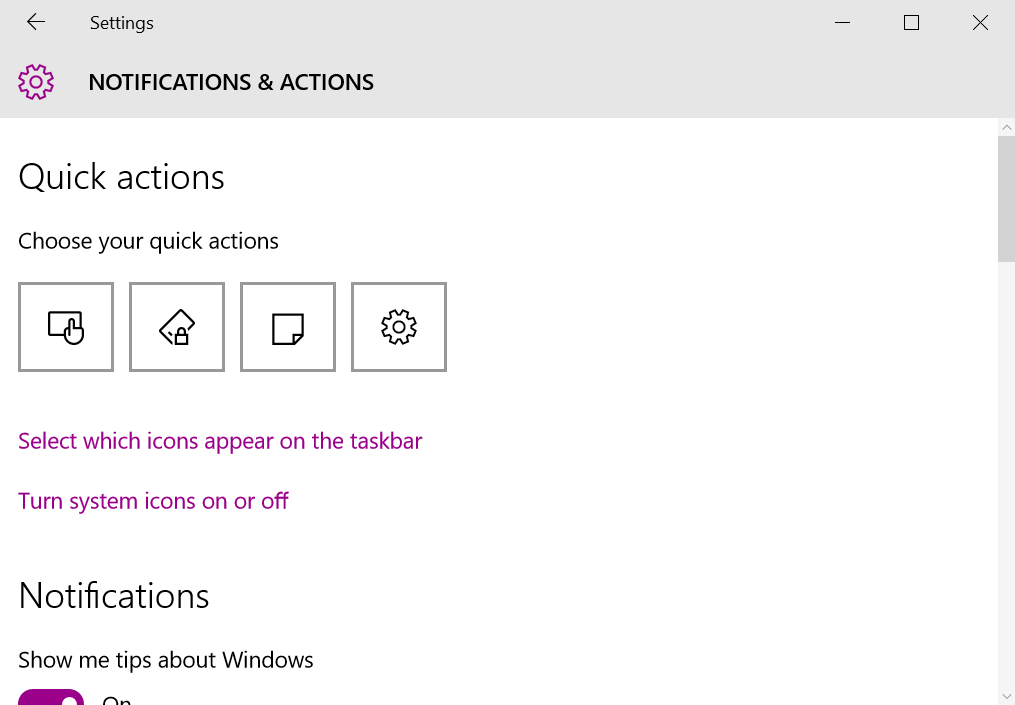 An introduction and guide for customization of the Windows 10 Action Center to view previous notifications and make quick settings changes.