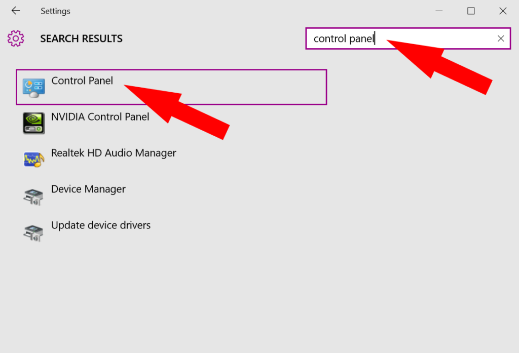 Access the control panel in Windows 10 through the settings app