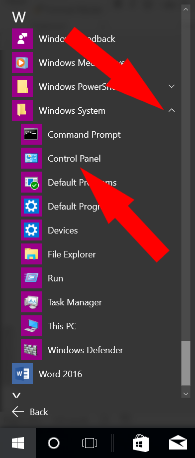 Access the control panel in windows 10 by opening all apps, windows settings and control panel