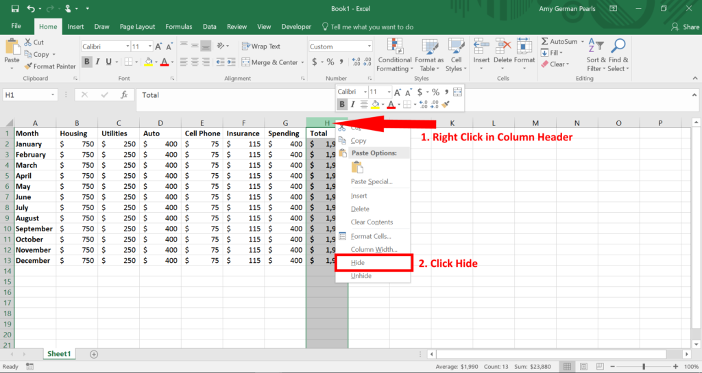 Hide and Unhide Columns in Excel