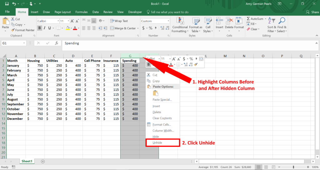 How to Hide a Column and Unhide a Column using Excel