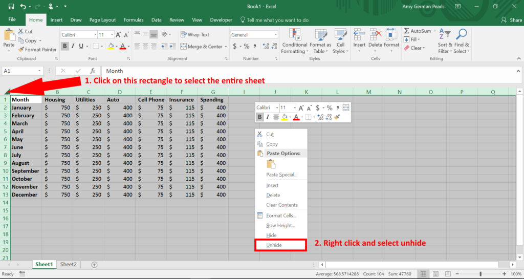 Unhide all columns in Microsoft Excel