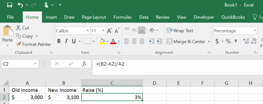 Formula for percent change in Microsoft Excel